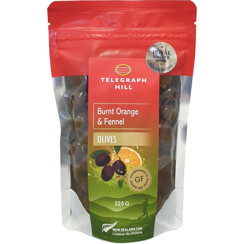NZ Olives Burnt Orange and Fennel Red Top Pouch 225g Silver Medal