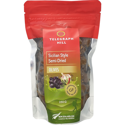 NZ Olives Telegraph Hill Sicilian Style Semi-Dried Olives 250g Red Plastic Pouch