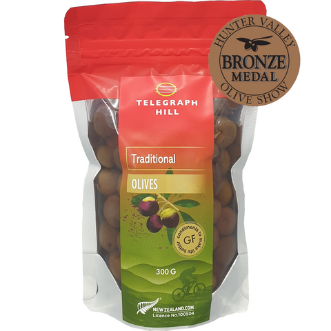 NZ Olives Telegraph Hill Traditional Olives 300g Red Top Plastic Pouch