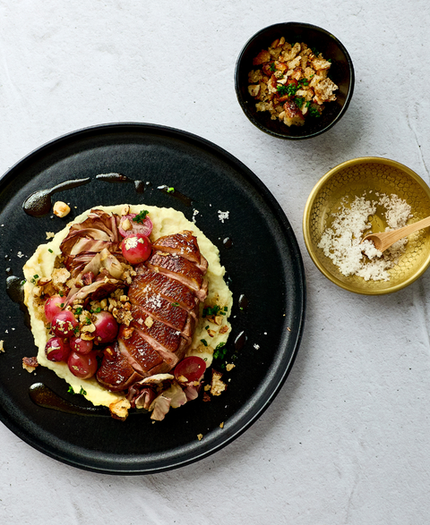 Glazed Duck with Radicchio, Grapes and Hazelnut Pangrattato
