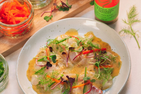 Fish Crudo with Pineapple, Chilli and Kawakawa Dressing