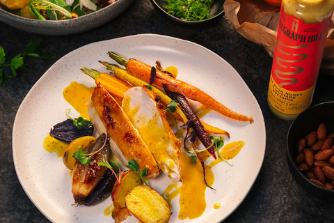 Grilled Chicken with Roasted Root Vegetables Drizzled with Telegraph Hill NZ Bush Honey & Mustard Dressing