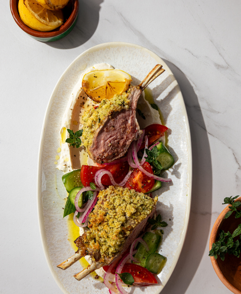 Greek-Inspired Crusted Lamb Rack with Whipped Feta