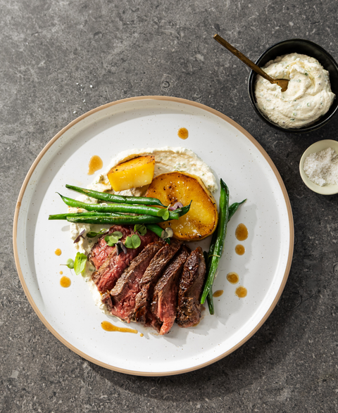 Smoked Steak with Fondant Potatoes and Sauce Au Raifort