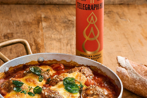 Baked Lamb & Bacon Meatballs with Manuka Smoke Infused Balsamic Drizzle Tomato Sugo