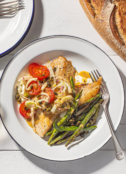 Pan-fried Fish with Blistered Green Bean Salad and Pineapple, Chilli and Kawakawa Dressing