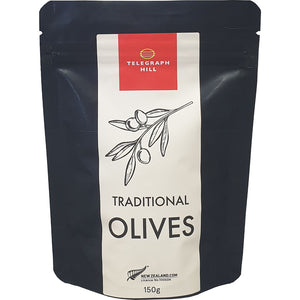 NZ Olives Telegraph Hill Traditional Olives 150g Black Plastic Pouch