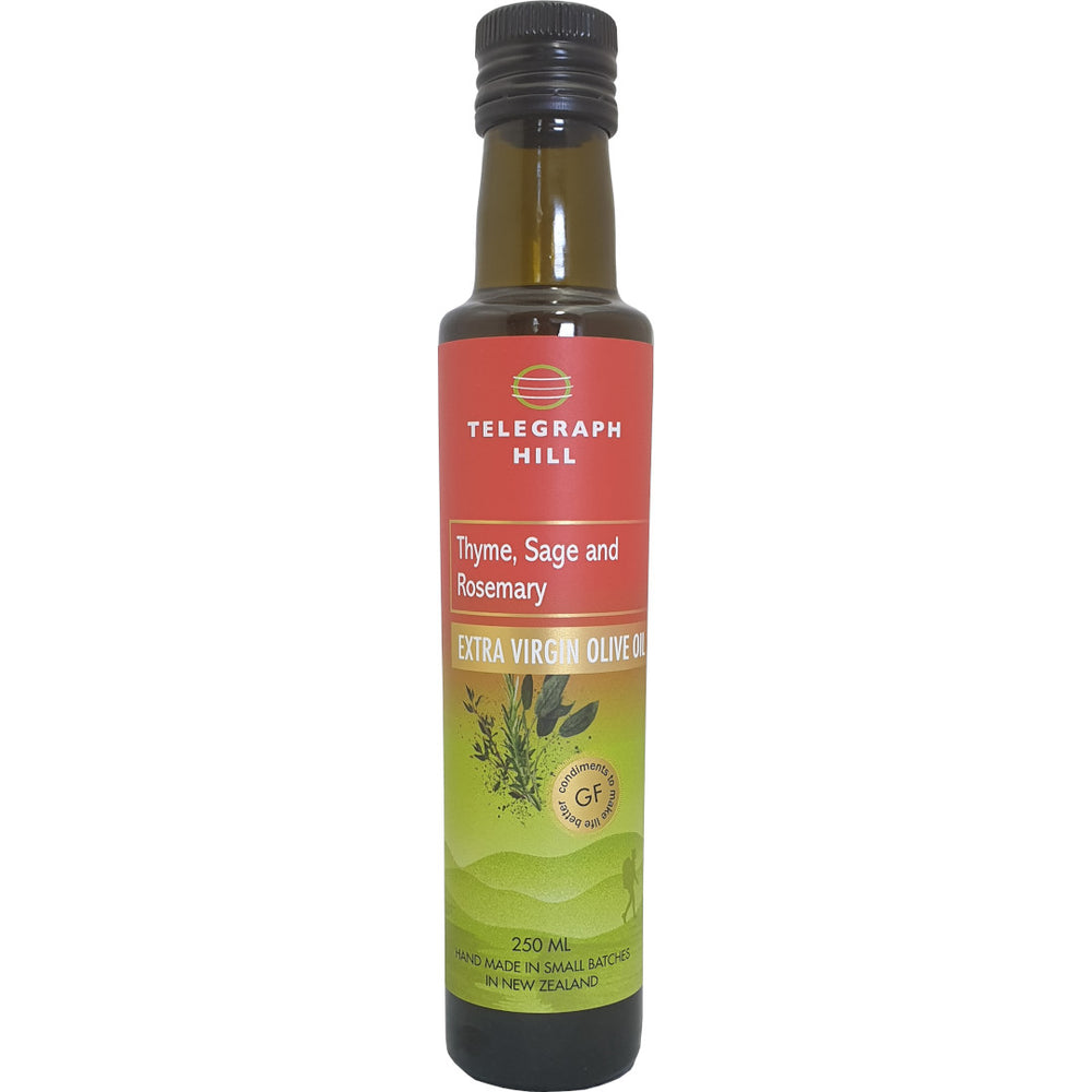NZ Olive Oil Telegraph Hill Thyme Sage and Rosemary Infused Extra Virgin Olive Oil 250ml Glass Bottle