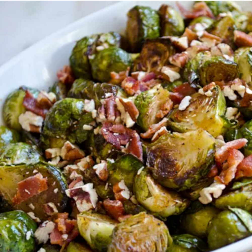 Roasted Brussels Sprouts With Bacon, Pecans, and Turmeric & Black Pepper Drizzle Recipe